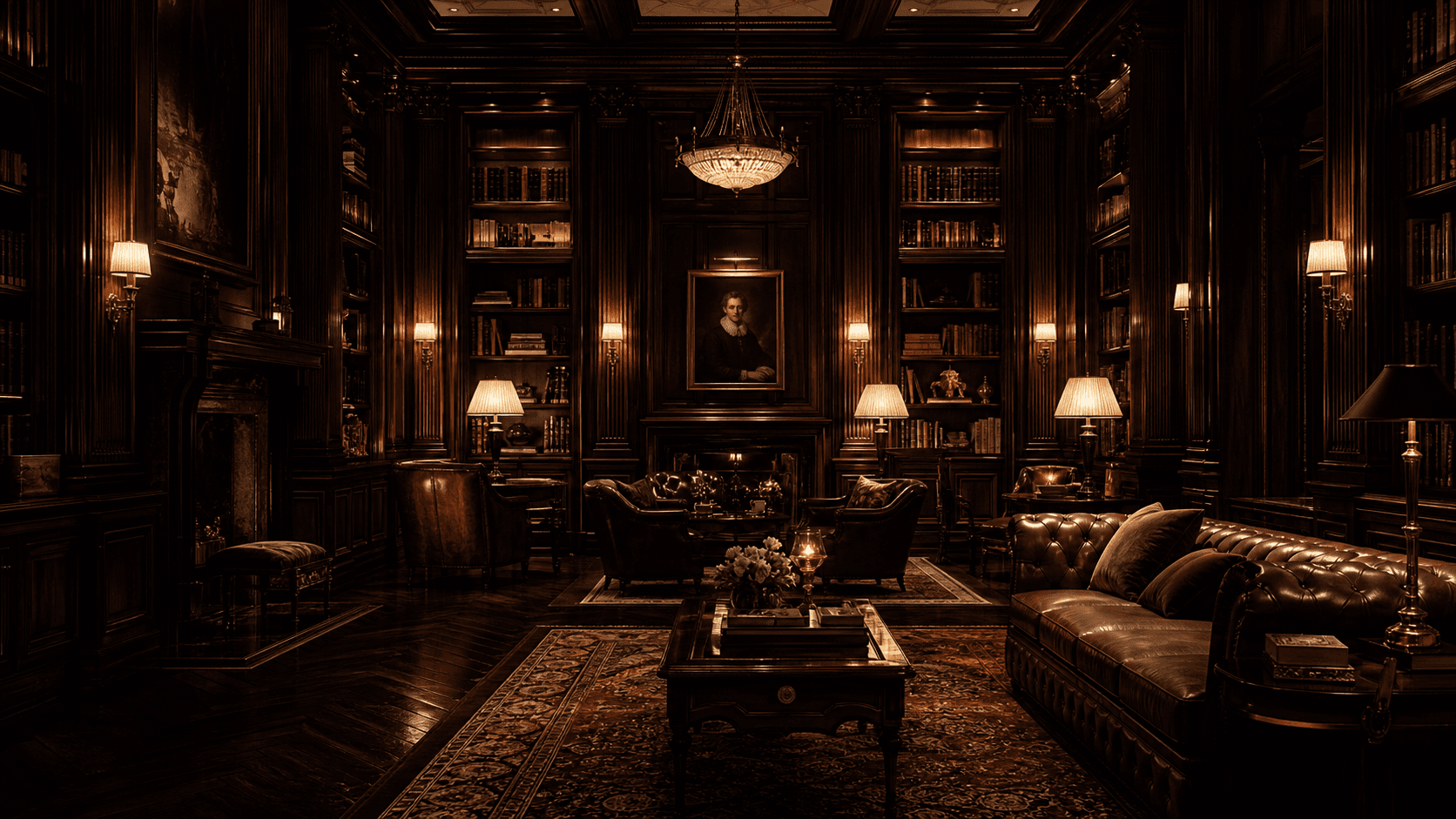 A dark, elegant heritage hotel lounge